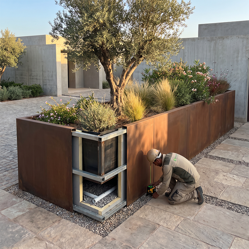 Installation d’une jardinière en acier Corten sur mesure pour un projet résidentiel à Rabat