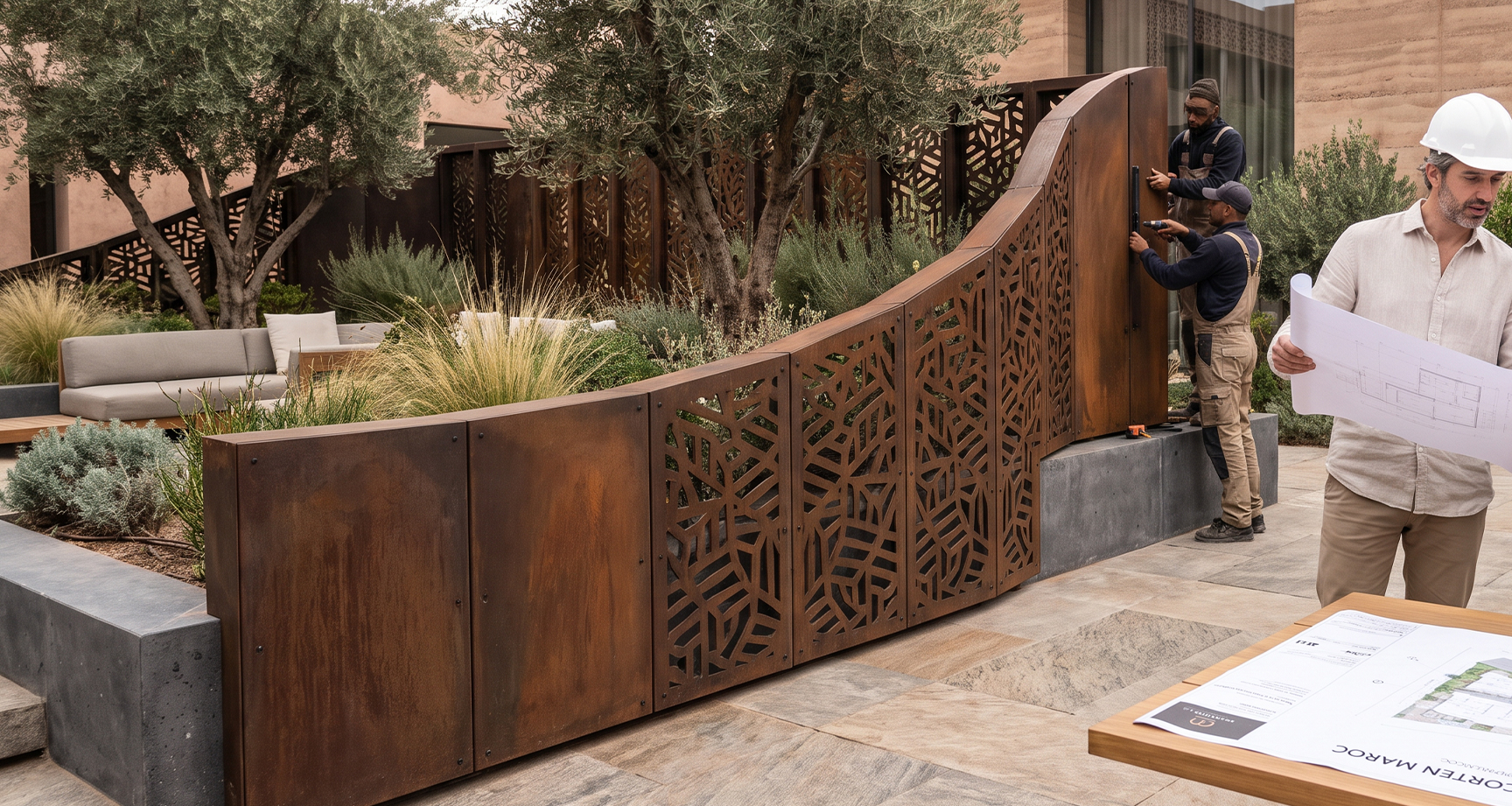 Installation d’un ouvrage architectural en acier Corten sur mesure au Maroc