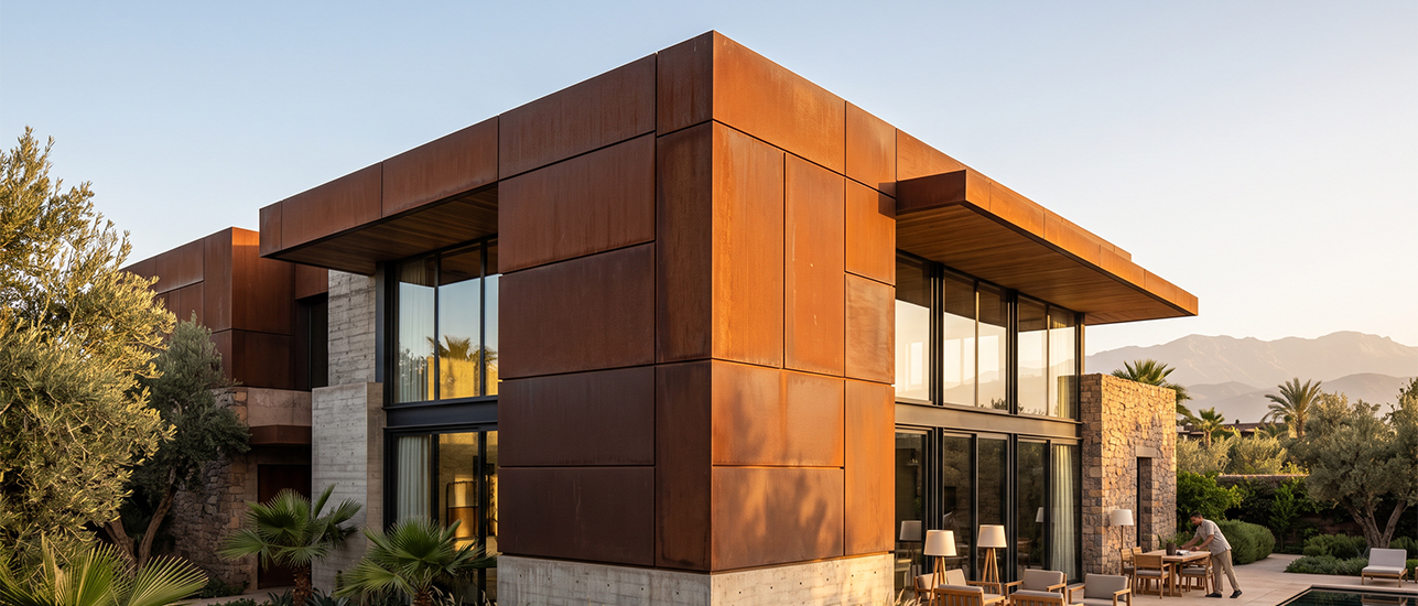 Façade de villa contemporaine avec bardage en panneaux d’acier Corten