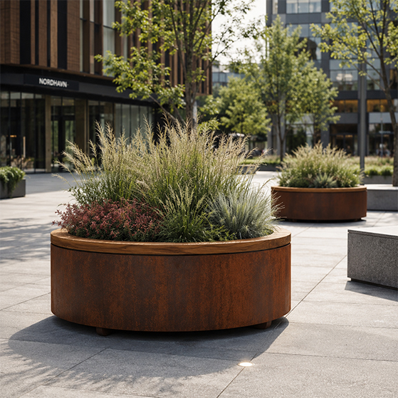 Grande jardinière circulaire en acier Corten avec graminées dans un espace extérieur