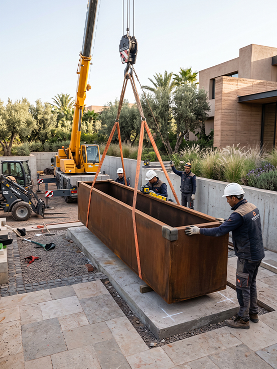 Installation par levage d’une grande jardinière en acier Corten sur un projet résidentiel à Rabat