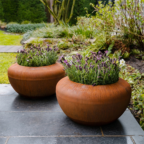 Deux jardinières rondes en acier Corten plantées dans un jardin paysager