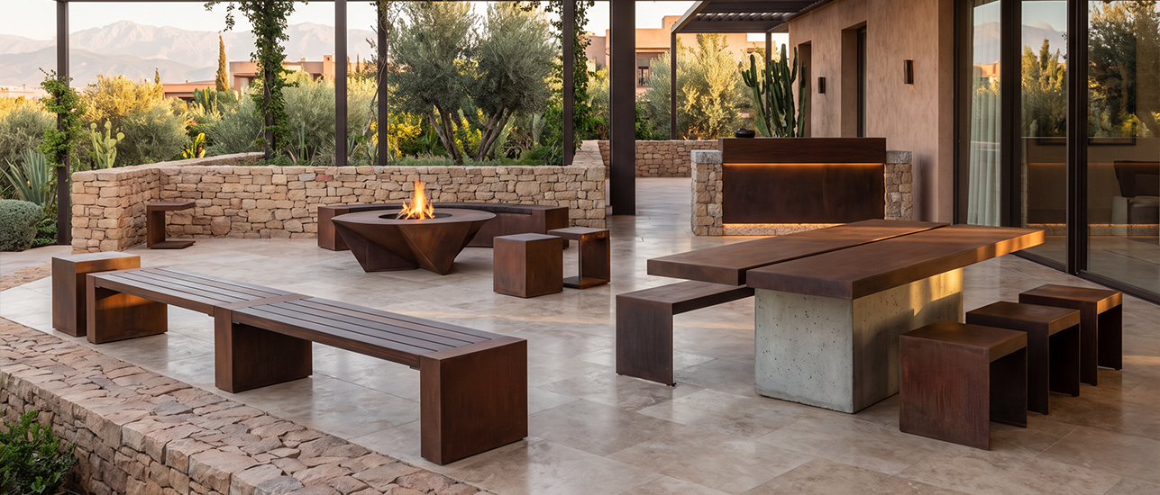 Mobilier extérieur en acier Corten avec table, bancs, assises et brasero sur une terrasse contemporaine