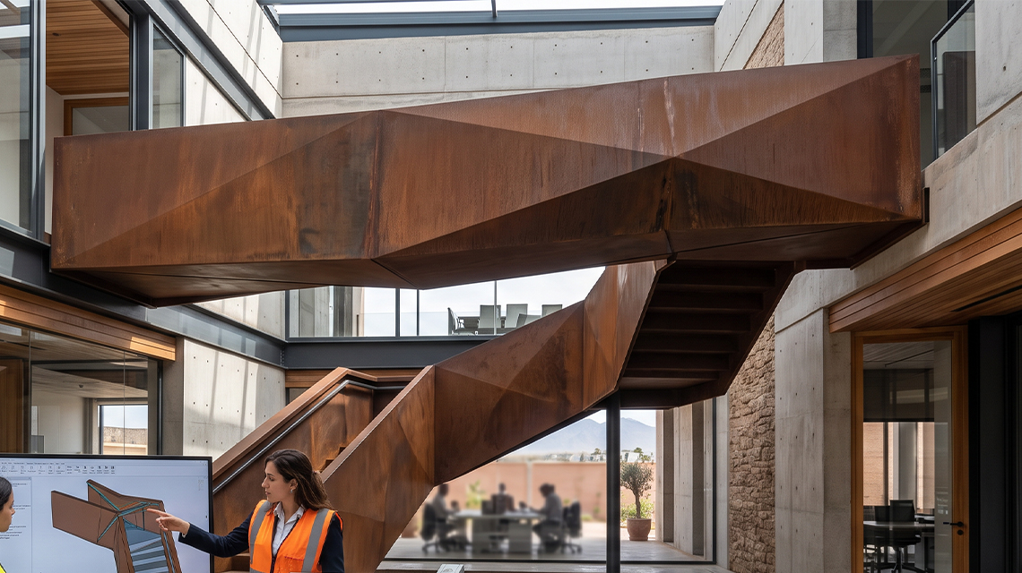 Escalier et passerelle suspendue en acier Corten à géométrie complexe