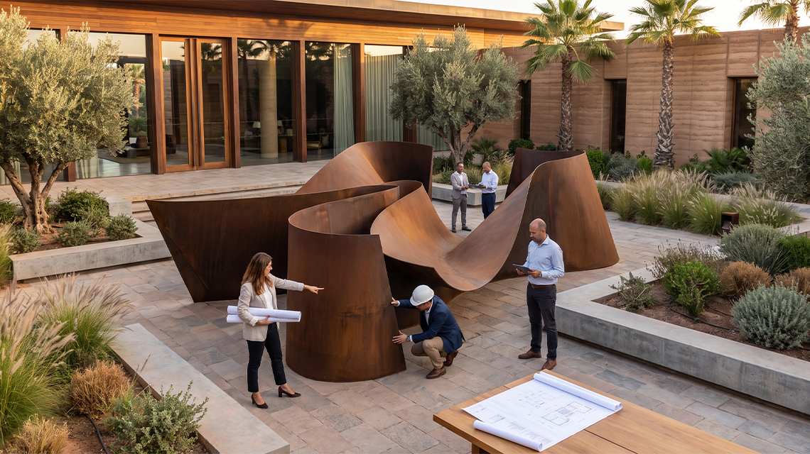 Sculpture monumentale abstraite en acier Corten avec équipe technique lors de l’installation