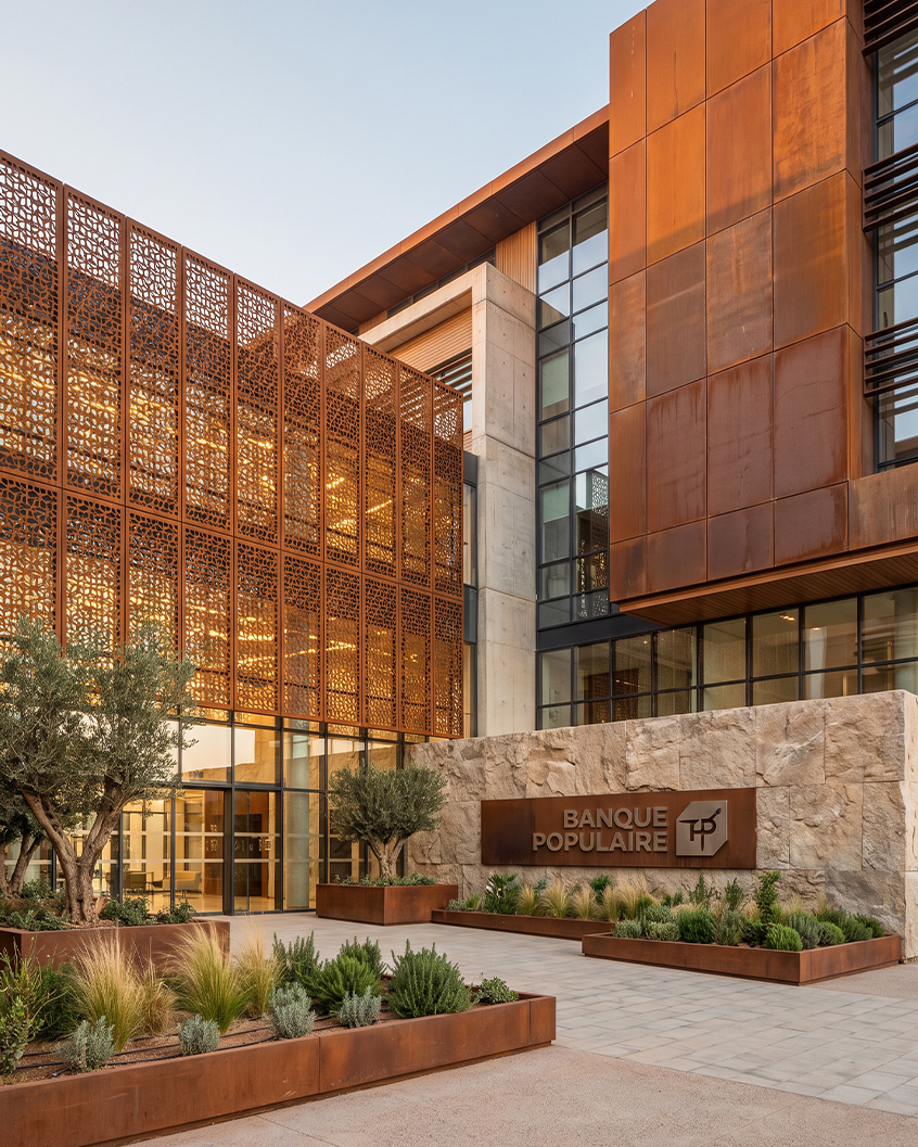 Siège social Banque Populaire avec façade, claustras et jardinières en acier Corten